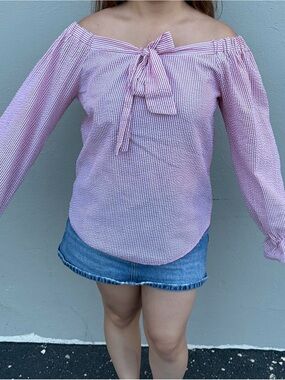 CeCe Pink Seersucker Off-Shoulder Tie Front Blouse